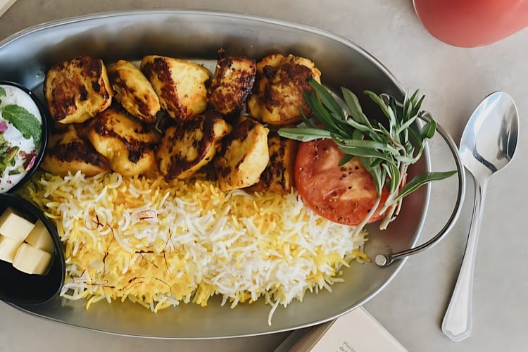 Jujeh kebab with Persian rice