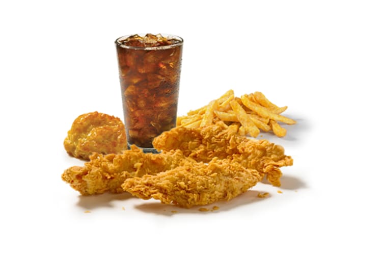 Fast food chicken tenders, fries and a soft drink from Church’s Texas Chicken