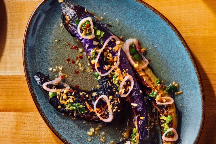Grilled Eggplant, served with scallions confit & pickled shallot.