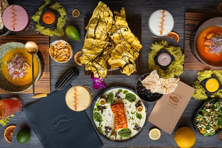 Various meals and drinks from Mission Ceviche in NYC
