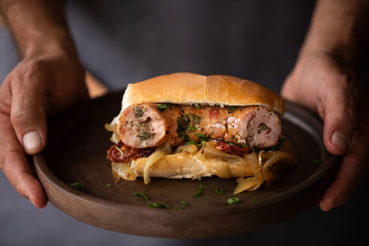 A sausage sandwich from a gluten-free restaurant in San Francisco.