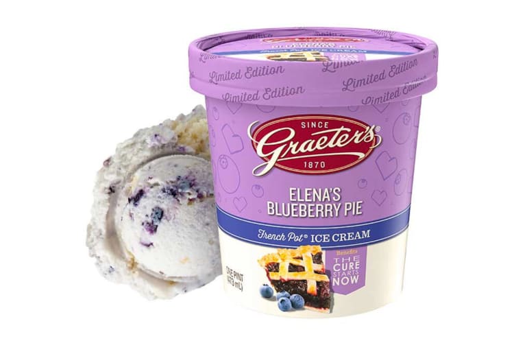 A pint and a scoop of the Elena's Blueberry Pie Graeter's ice cream flavor