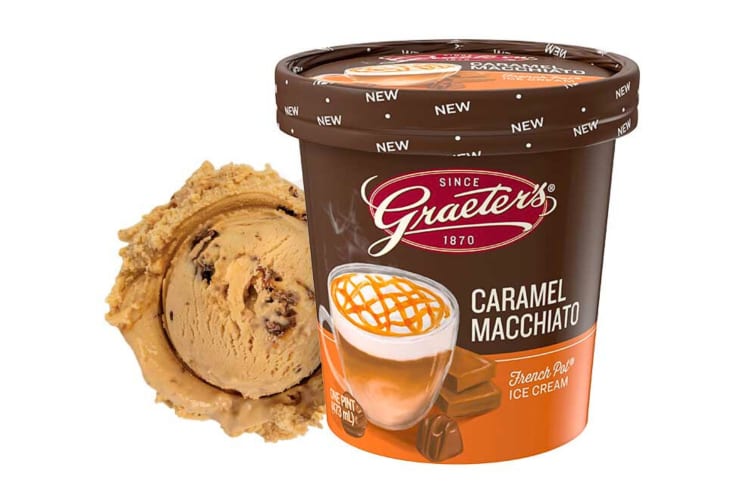 A pint and a scoop of the Caramel Macchiato Graeter's ice cream flavor
