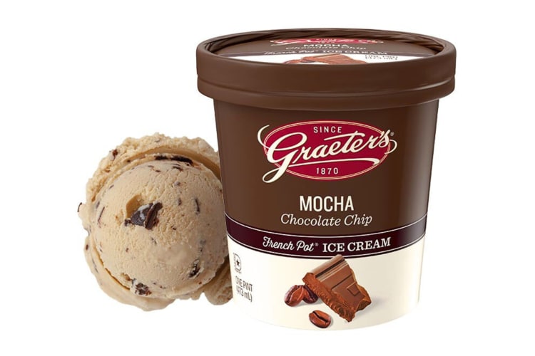 A pint and a scoop of the Graeter's Mocha Chocolate Chip ice cream