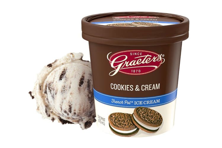 A pint and a scoop of the Cookies and Cream Graeter's ice cream flavor