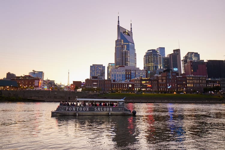 A Pontoon Saloon boat out for a sunset cruise
