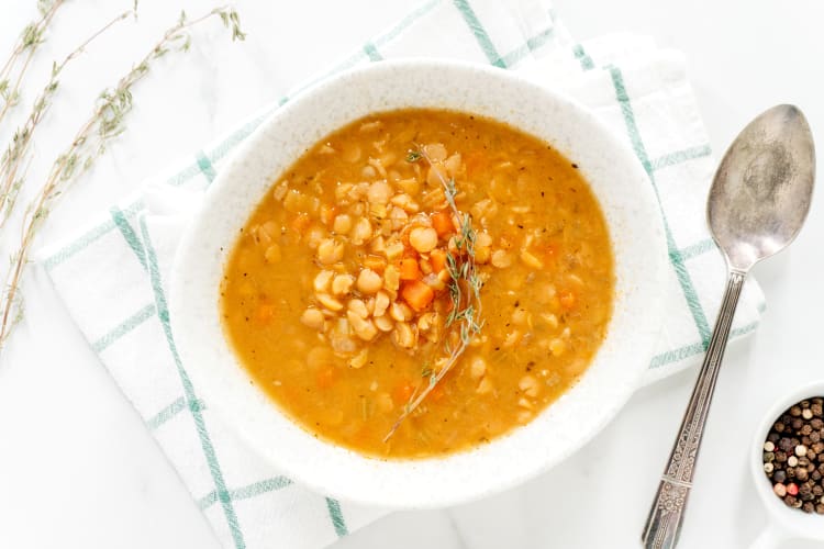 vegan split pea soup is a filling, nutritious dish