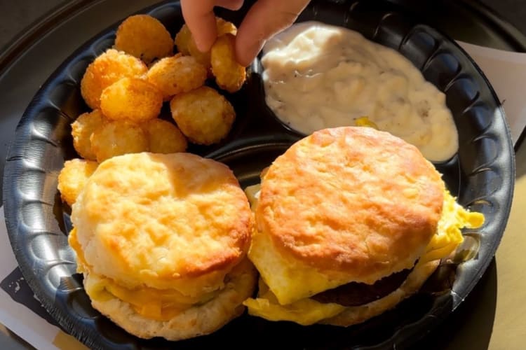 Biscuit sandwich, hashbrowns and gravy