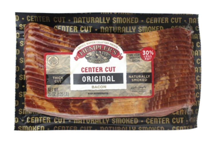 A pack of bacon that has been smoked over natural hardwoods.