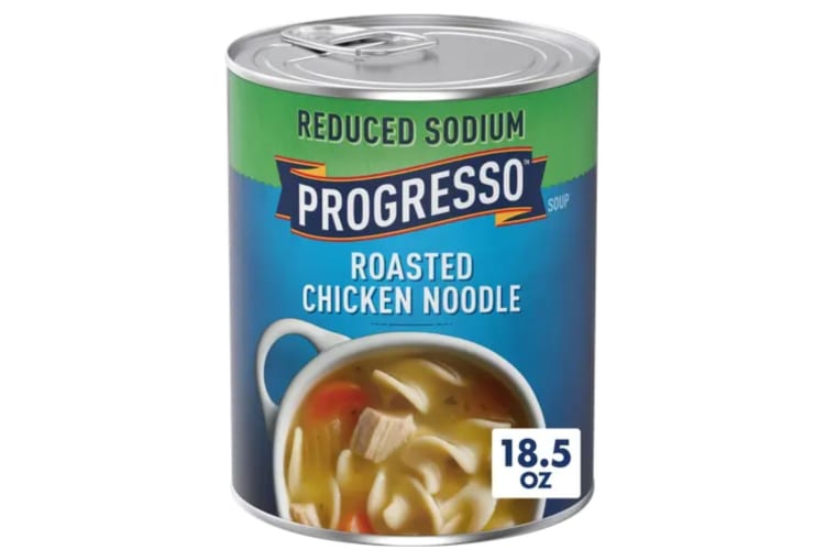 A can of reduced-sodium roasted chicken noodle soup.