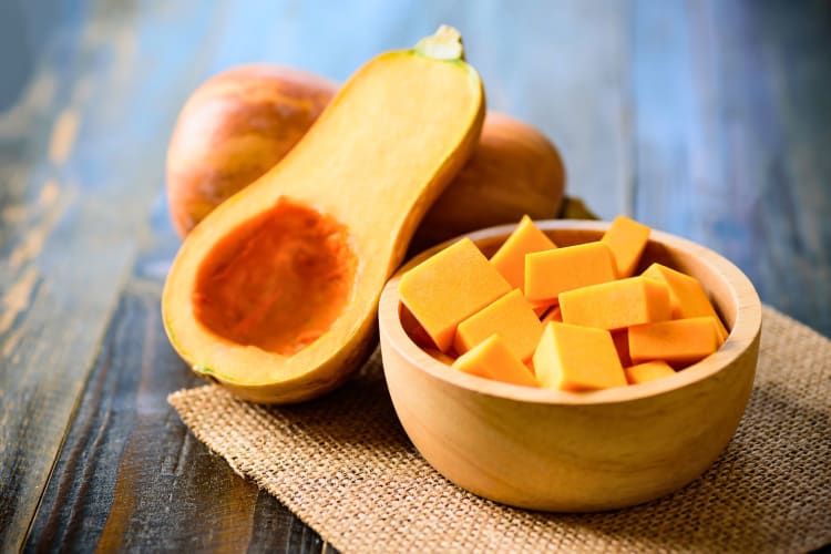 A bowl of sliced butternut squash.