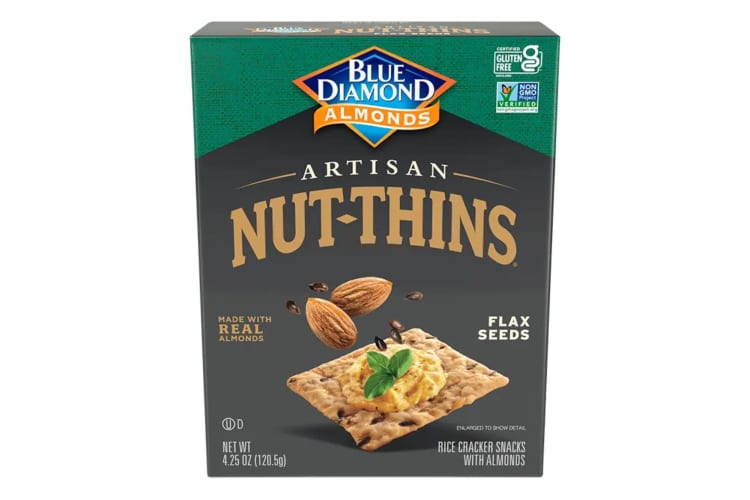 A pack of gluten-free crackers packed with almonds, flax seeds and brown rice.
