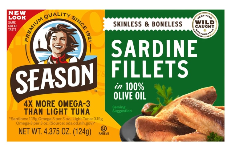 Season Sardine Fillets In 100% Olive Oil, Wild Caught, Skinless & Boneless.