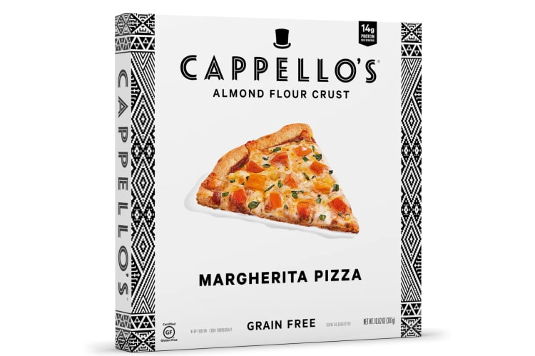 Pizza topped with cheese, tomatoes, basil, garlic, all spread over red sauce on a crispy almond flour crust.