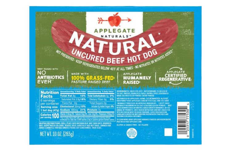 A pack of Applegate Naturals Beef Hot Dogs.