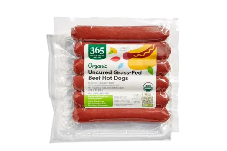 365 Everyday Value Organic Uncured Grass-Fed Beef Hot Dogs. 