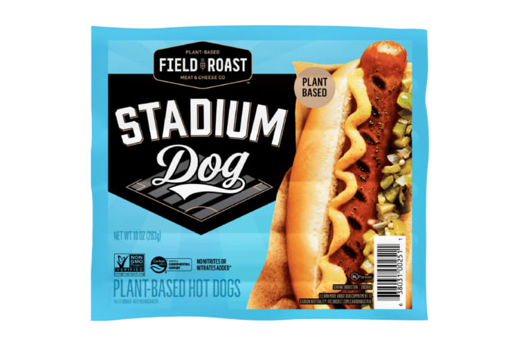 A pack of Stadium plant-based hot dogs.