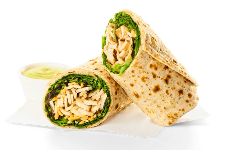 Sliced grilled chicken breast nestled in a fresh mix of green leaf lettuce with a blend of shredded Monterey Jack and Cheddar cheeses, tightly rolled in a flaxseed flour flat bread. 