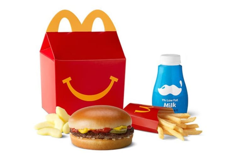 Hamburger, Fries, Milk, Apple Slices happy meal.