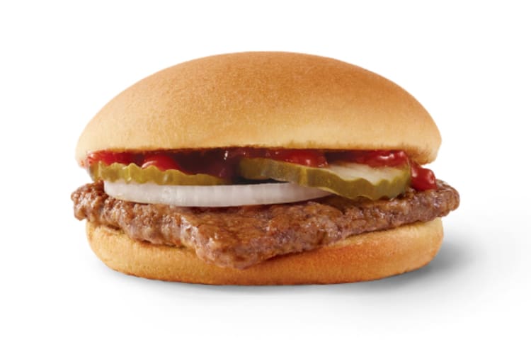 Fresh, never frozen beef topped with pickles, onion, ketchup, and mustard on a toasted bun.