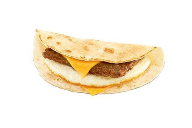 A turkey sausage, egg and cheese breakfast wrap.