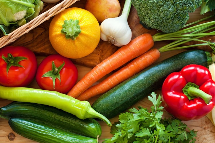 Close up of various colorful fresh vegetables.