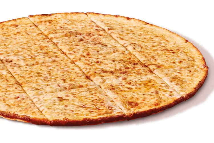 A thin-crust cheese pizza.
