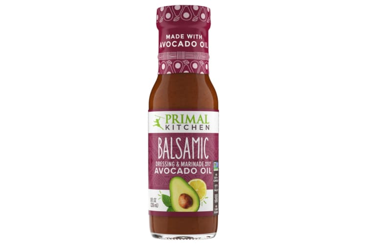 A balsamic vinegar, avocado oil and organic lemon juice in a salad dressing.