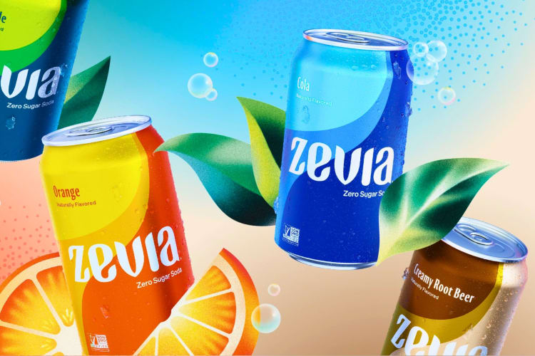 Cans of Zevia soda.