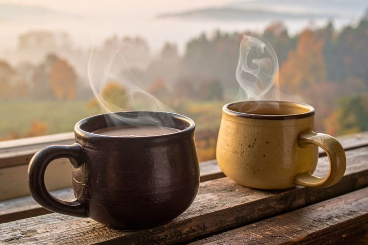 Two mugs of hot drinks, some of the healthiest soda alternatives.