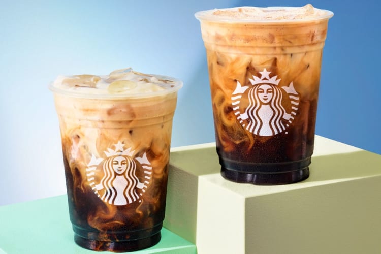 Iced Brown Sugar Oat Shaken Espresso & Iced Hazelnut Oat Shaken Espresso.