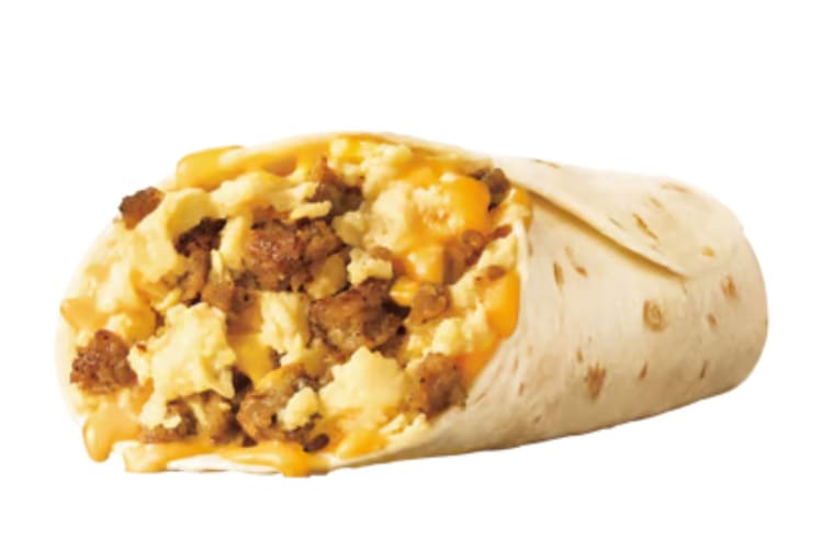 The Jr. Breakfast Burrito with sausage, eggs, cheese, wrapped up in a flour tortilla.
