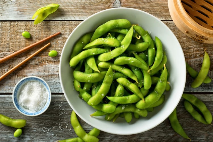 Fresh steamed edamame with sea salt.