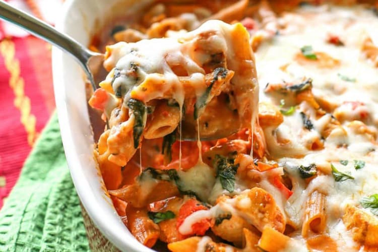 healthy three cheese chicken pene pasta bake is a well balanced meal