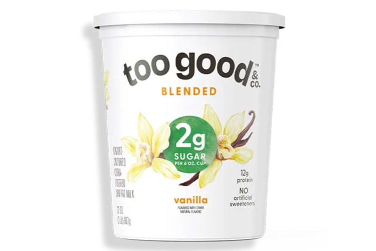 A tub of vanilla high protein yogurt.