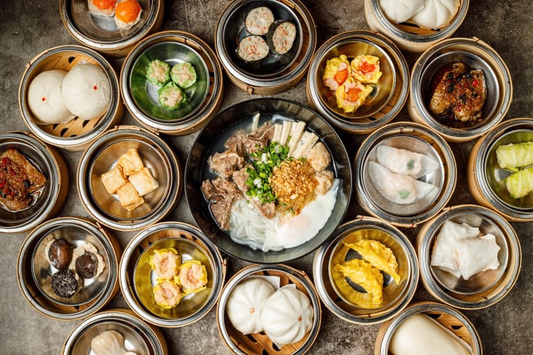 Aerial view of a variety of dim sum dishes 