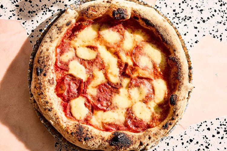 Aerial view of a pizza from iTL Italian Kitchen, a restaurant in Adelaide