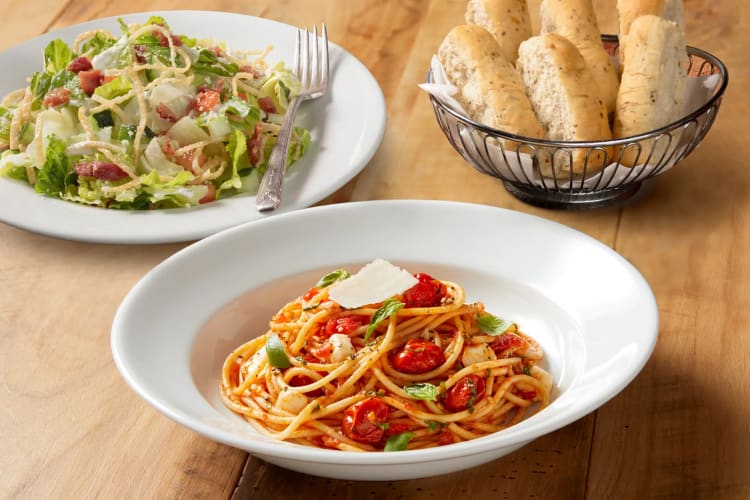 Pasta, salad and freshly baked focaccia