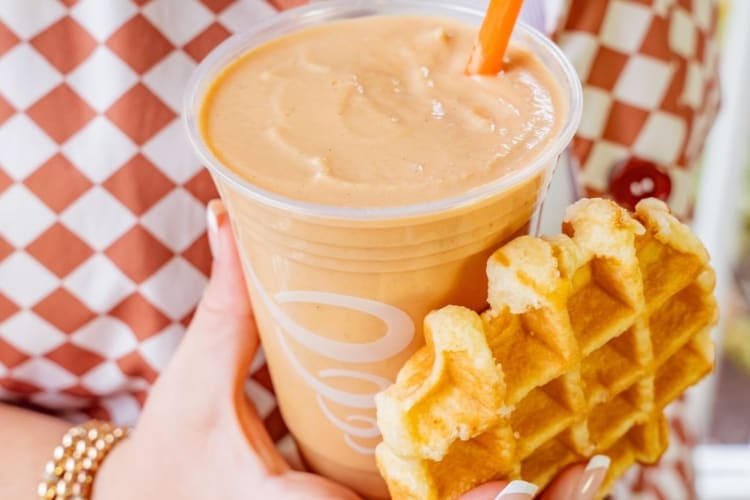 Penut Butter smoothie served with a waffle