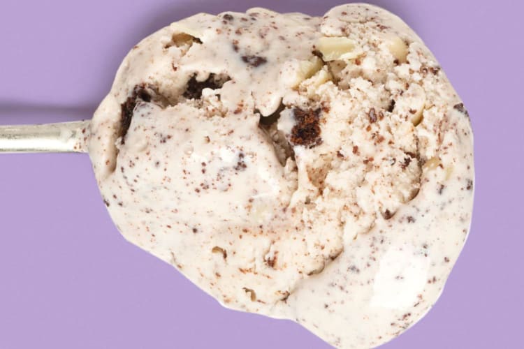 A spoonful of Cookies in Cream Jeni's Ice Cream flavor
