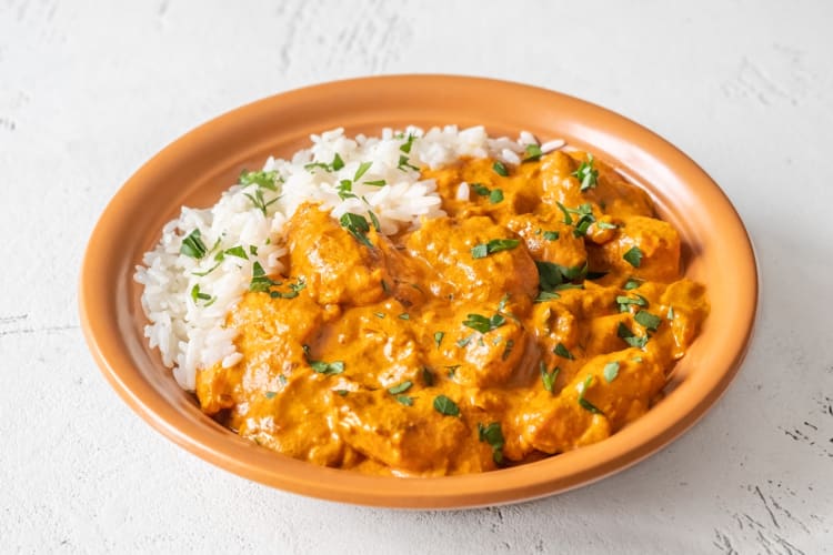 Chicken tikka masala served with basmati rice