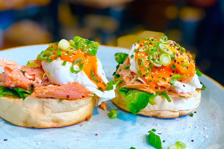 Eggs royale - two poached eggs with smoked salmon on toasted English muffins. 