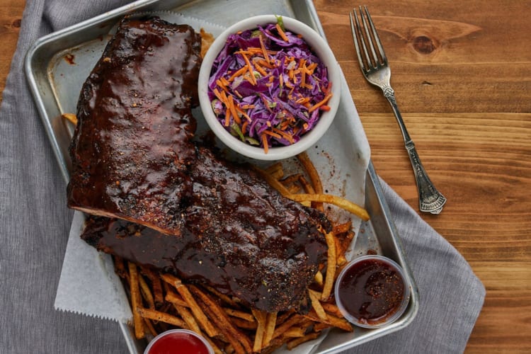 Smokehouse meat, fries and coleslaw