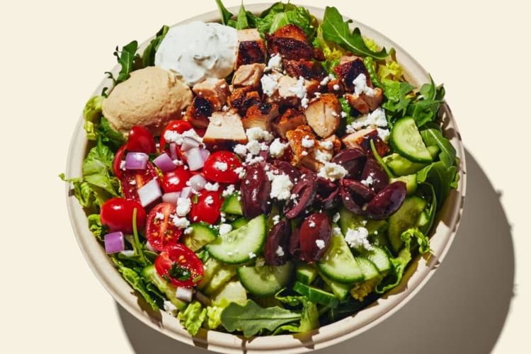 That means a base of romaine and arugula, with hummus and everything that makes a Greek salad so great: grilled chicken, tzatziki, feta, Persian cucumber, tomato, Kalamata olives, Greek vinaigrette.