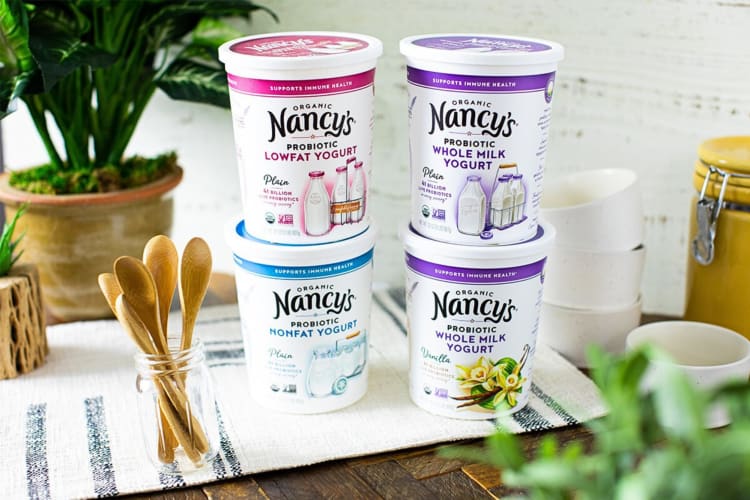 Four tubs of Nancy's Yogurt on a kitchen counter