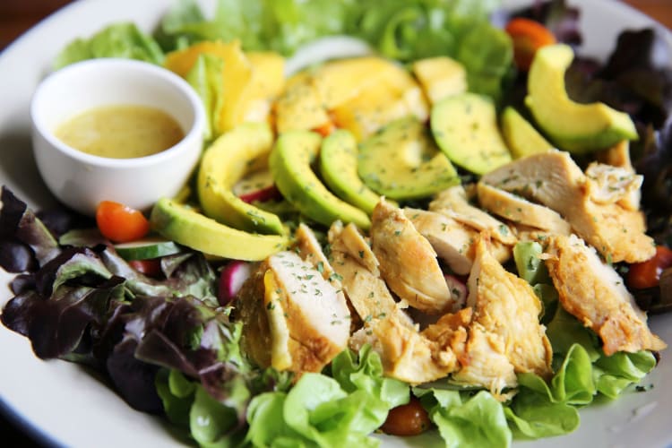 Salad with Chicken Avocado is a great low-carb fast food.