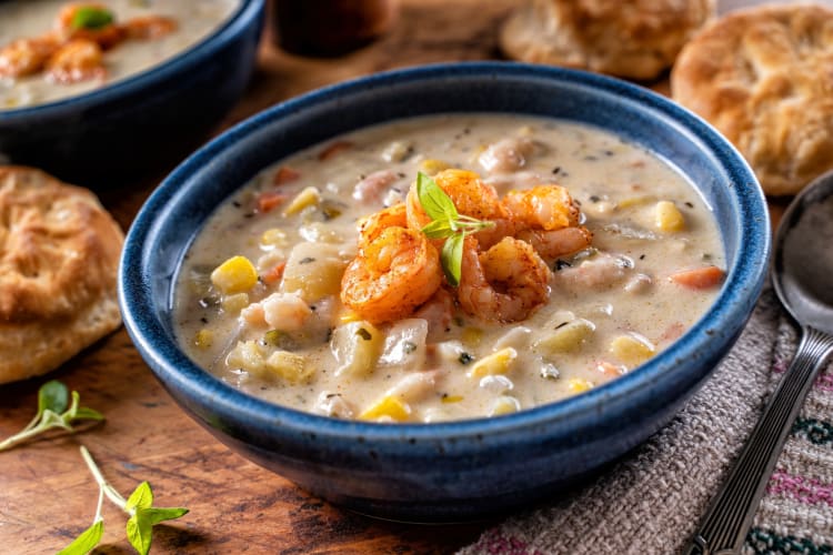 The shrimp chowder is a tasty low-carb soup