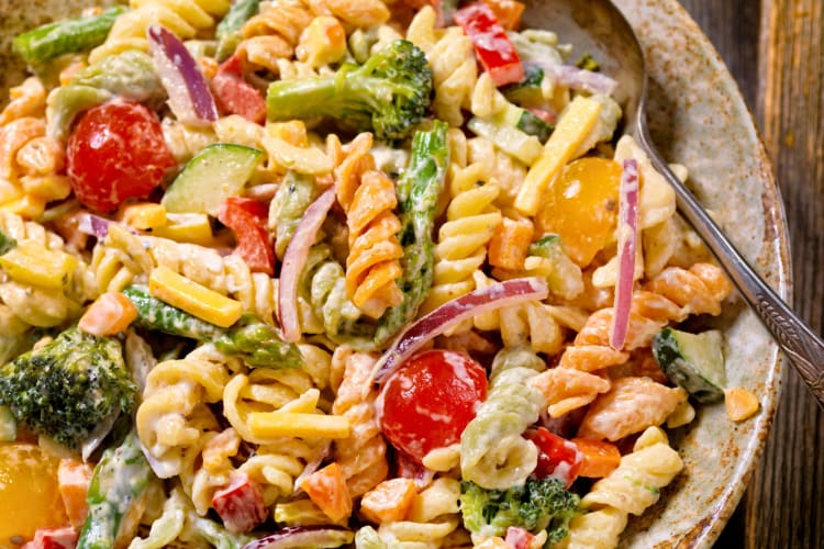 Creamy pasta and vegetable salad.