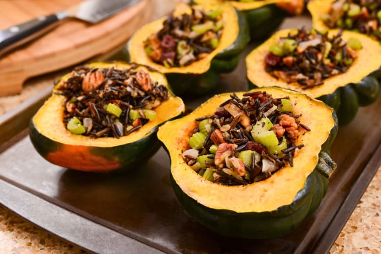 Roasted stuffed squash is a healthy low-sodium dinner idea.