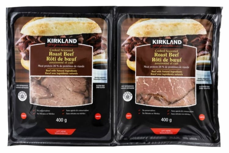 A pack of Kirkland Signature sliced roast beef.